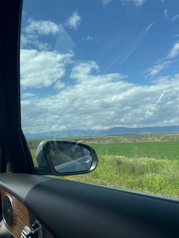 Driver documents rural Bulgarian countryside view from vehicle