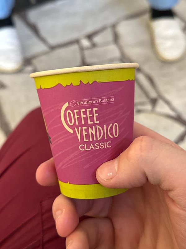 Coffee break captured in commercial corridor, Stara Zagora