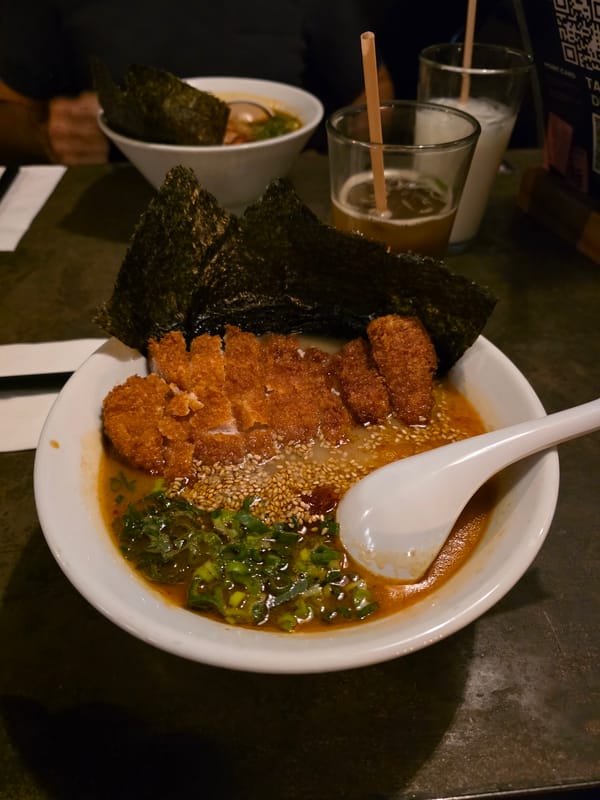 Ramen bowl photographed at late night dining in Ensenada