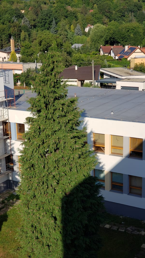 Prešov cityscape: construction, hillside neighborhoods, and summer greenery