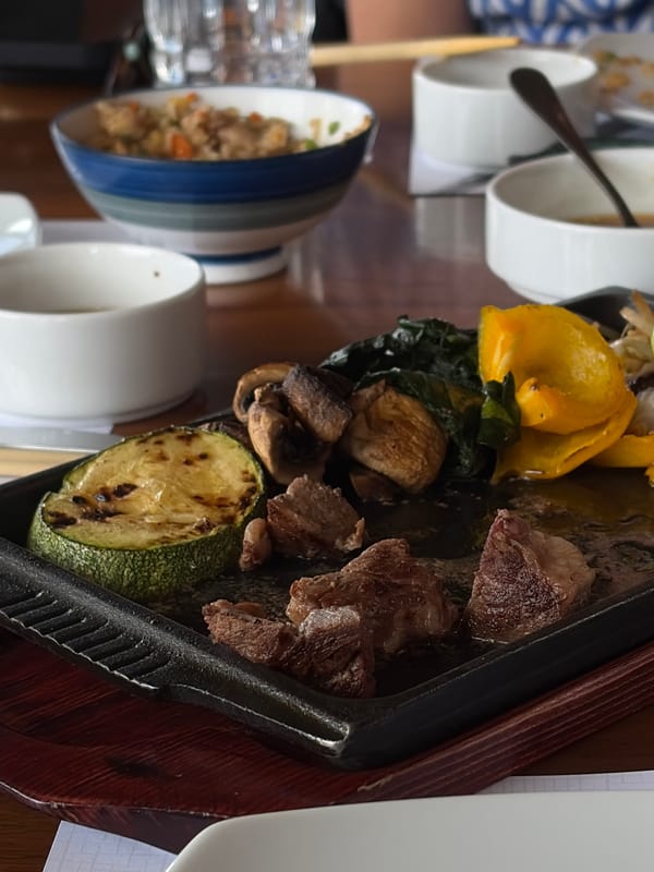 Restaurant meal documented with iron griddle, partially consumed