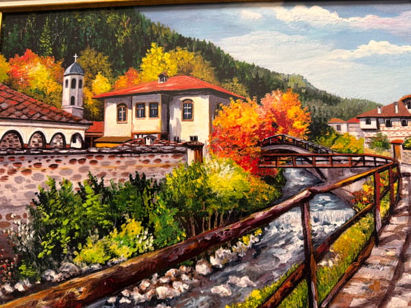 Painted scene of Devin, Bulgaria captures river and forest