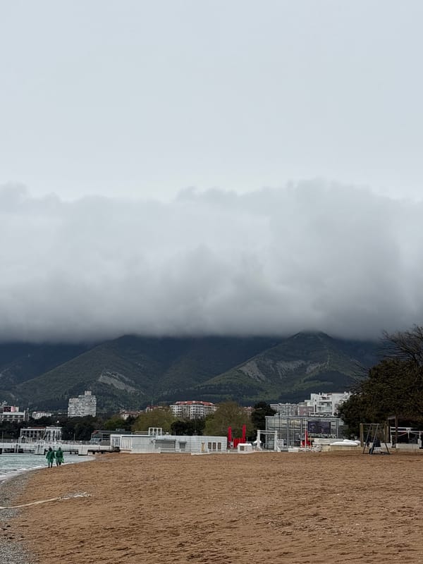 Foggy coastal landscape with beach and buildings documented