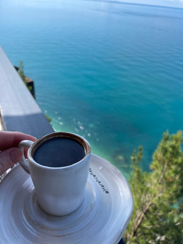 Coffee and sea views on a sunny Abkhazian balcony morning