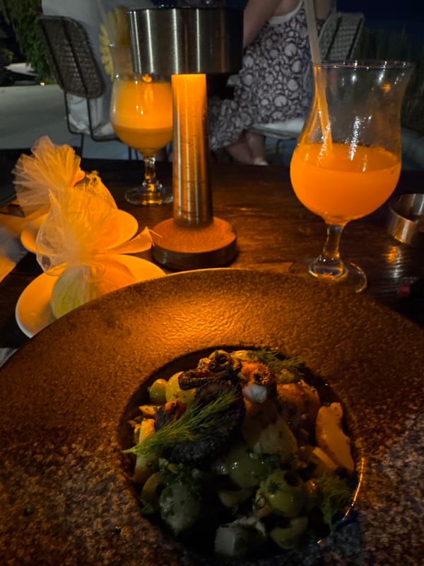 Evening dining experience captured at coastal restaurant in Indonesia