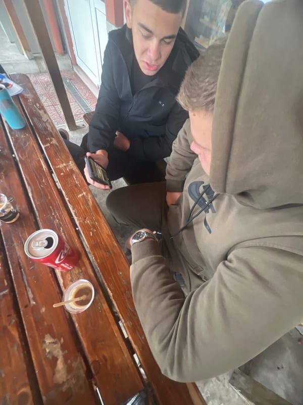 Morning cafe gathering captured in Asenovgrad, Bulgaria