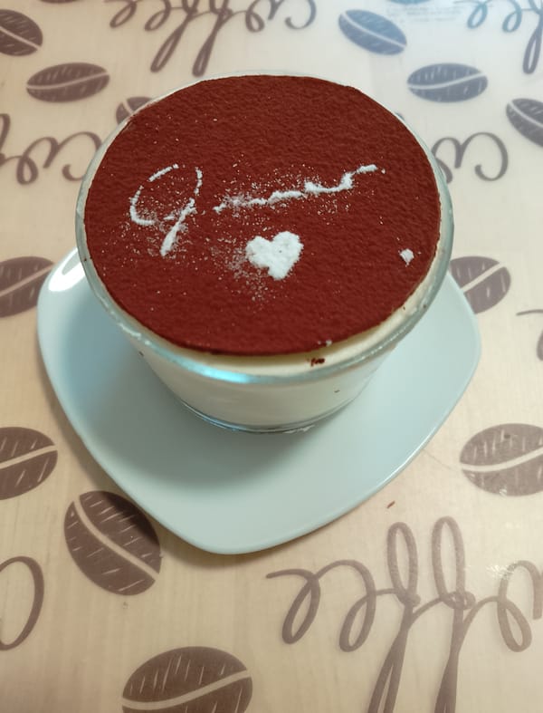 Morning dessert presentation features cakes, tiramisu, and green tea