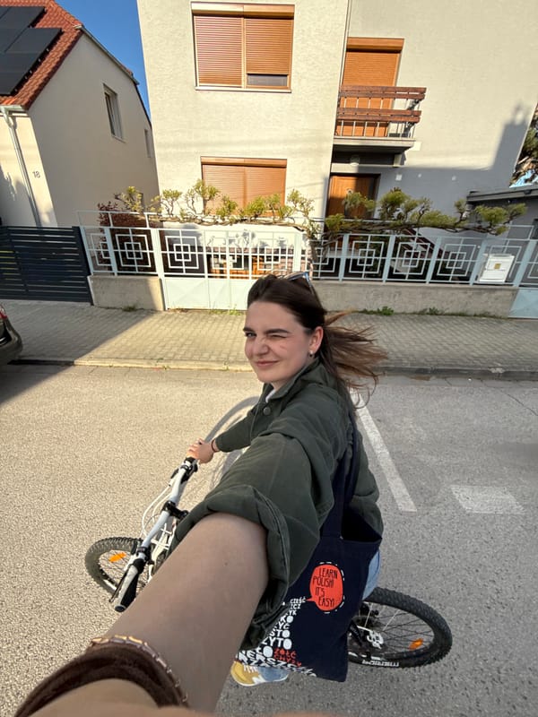 Woman cycles through Trnava streets, documented in multiple perspectives