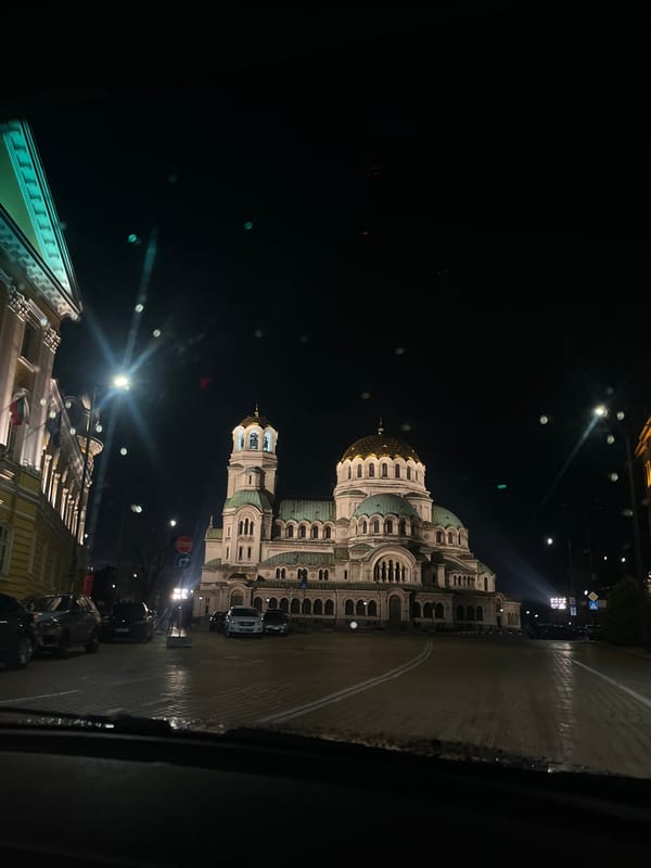 Evening drive captures illuminated Sofia landmarks and Ferris wheel