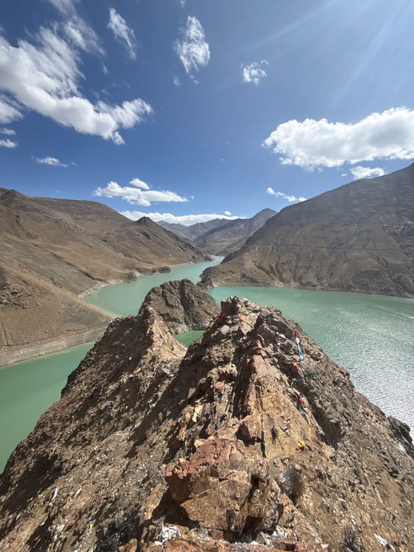 Hiker Documents Turquoise Mountain Lake Views in Tibet