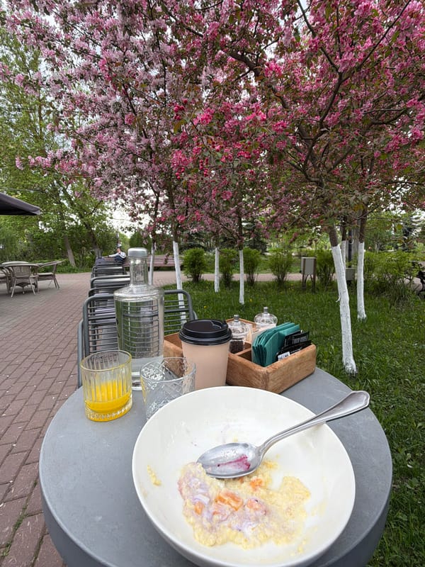 Morning breakfast scene captured at Khimki cafe with baby