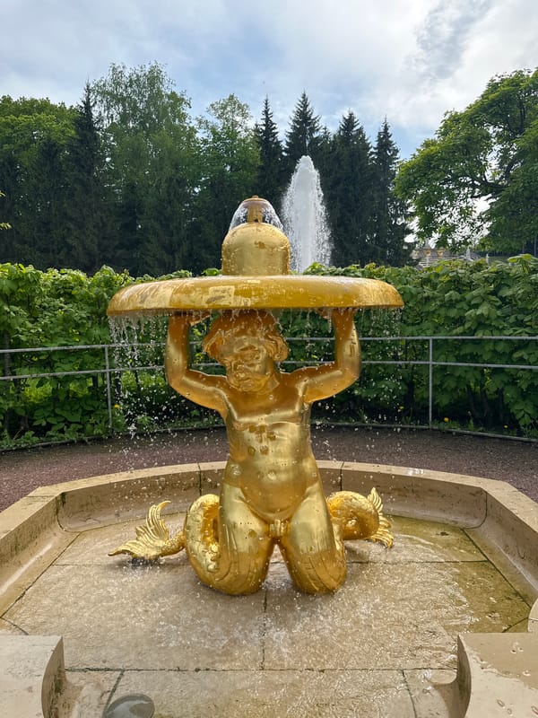 Tourist documents fountains and gardens at Peterhof Palace, Russia