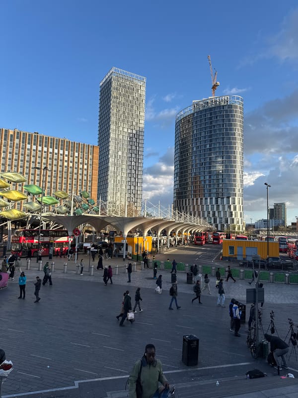 London urban scenes show bustling square and Stratford Station