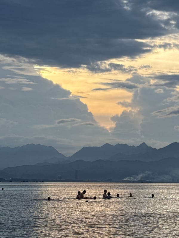 Da Nang beach at dusk, basket boat on shore