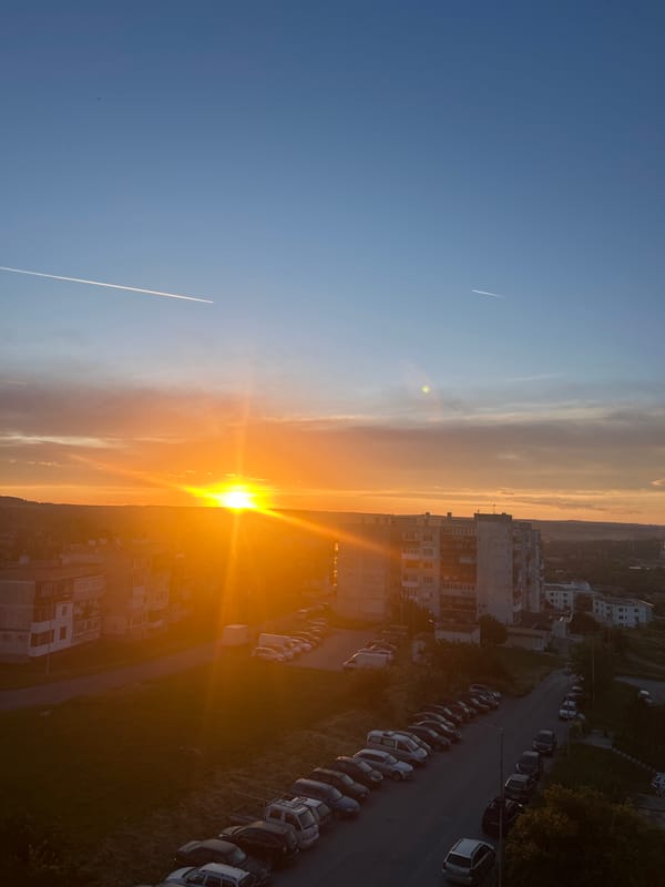 Golden sunset captured over Razgrad, Bulgaria cityscape