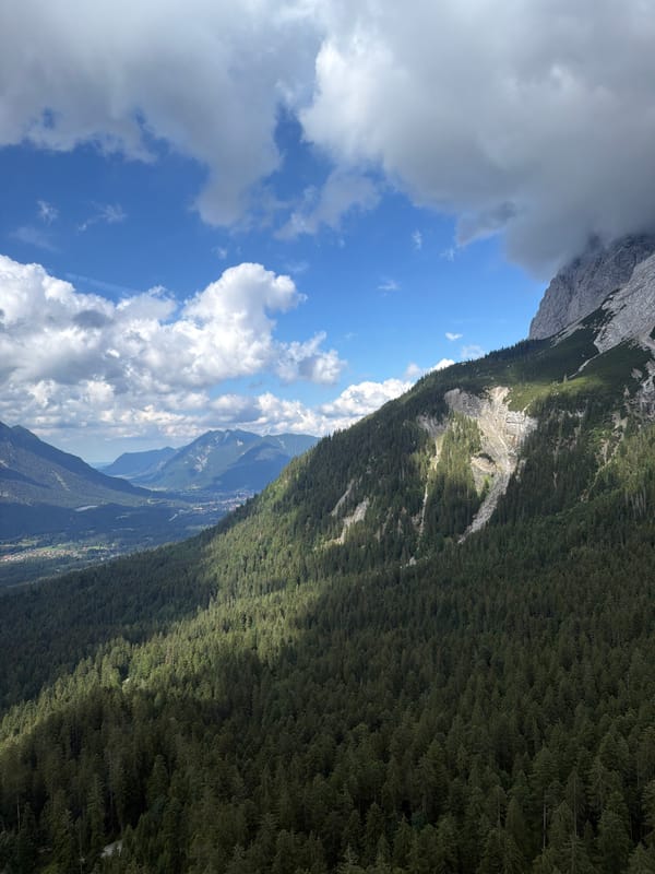 Panoramic views of the Zugspitze range from above Grainau