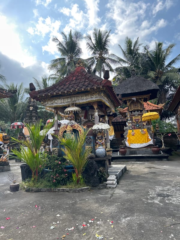 Temple ceremony underway in Abiansemal with offerings and ritual décor
