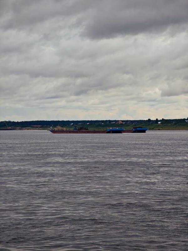 On the Yenisei River near Zotino, Siberia, overcast and slow