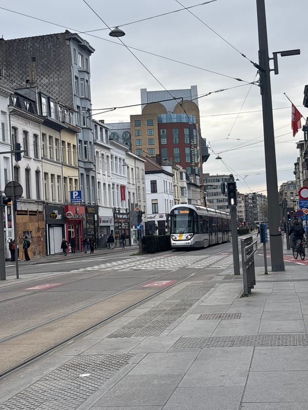 Morning tram scene on commercial street in Antwerp
