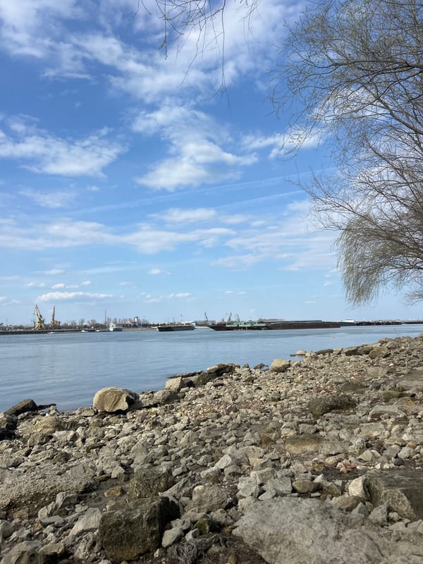Person visits Danube River rocky shoreline in Giurgiu, Romania