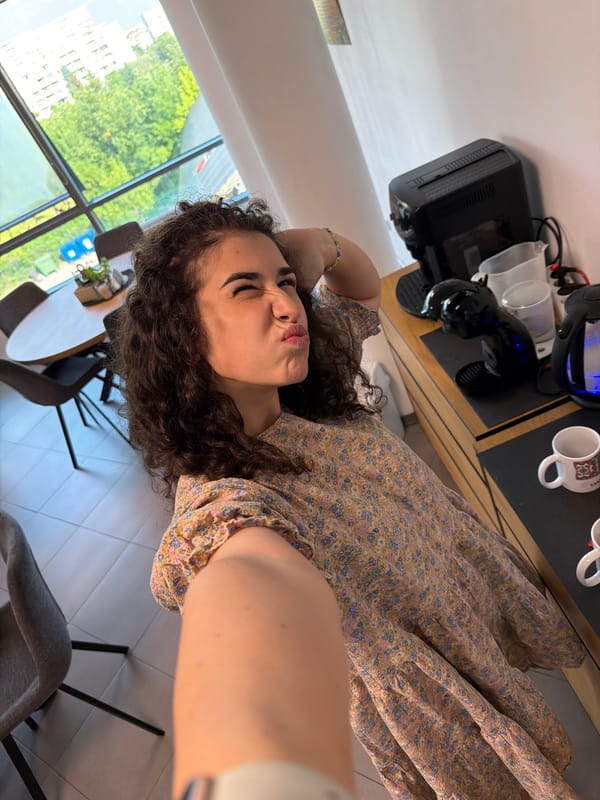 Selfie session in a Sofia break room, floral dress and snacks