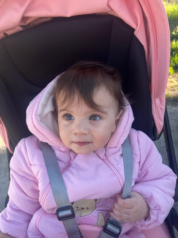Baby in pink jacket observed in stroller in Elena