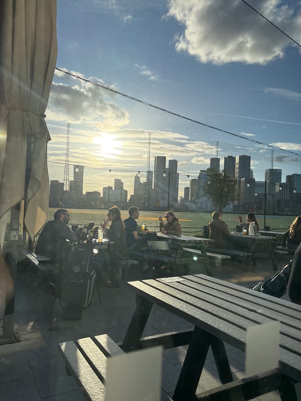 London scenes: golf range and cafe moments captured simultaneously