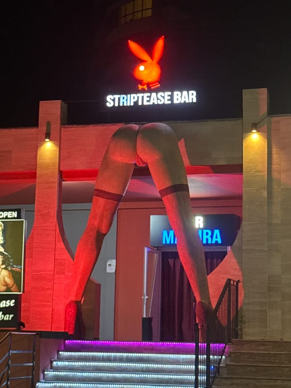 Neon-lit striptease bar exterior on a Varna night
