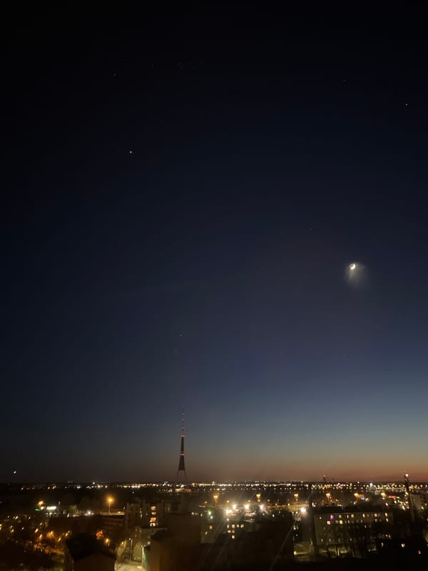 Twilight cityscape view documented in Riga, Latvia