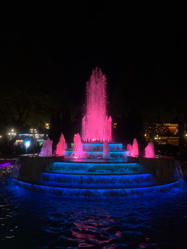 Pink fountain illuminates Yerevan evening, visitor facilities documented