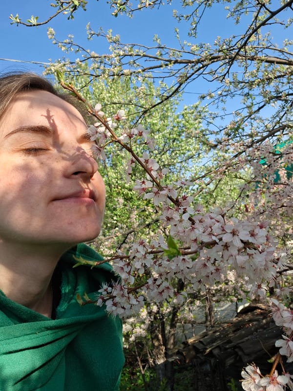 Person enjoys quiet garden moment among flowering trees