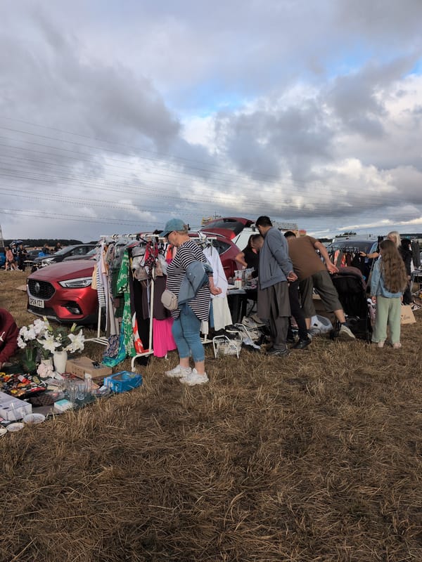 Car boot sale browsing in South Staffordshire on a cloudy morning