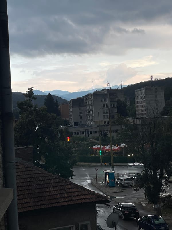 Rainy afternoon across Gabrovo's rooftops and wet streets