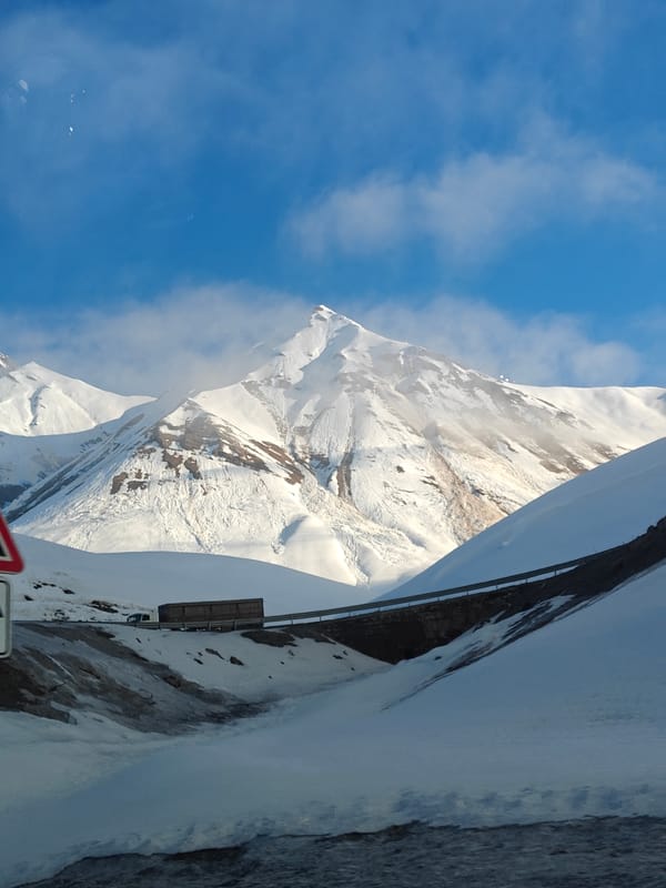 Snow-covered mountains documented in Gudauri, Georgia early morning
