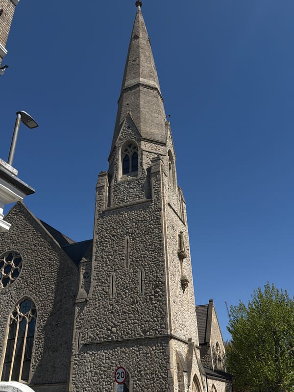 London church tower and street scenes documented during morning hours