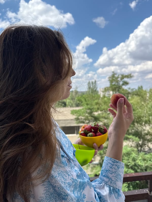 Fresh fruit and flowers on an Odesa balcony overlooking the Black Sea