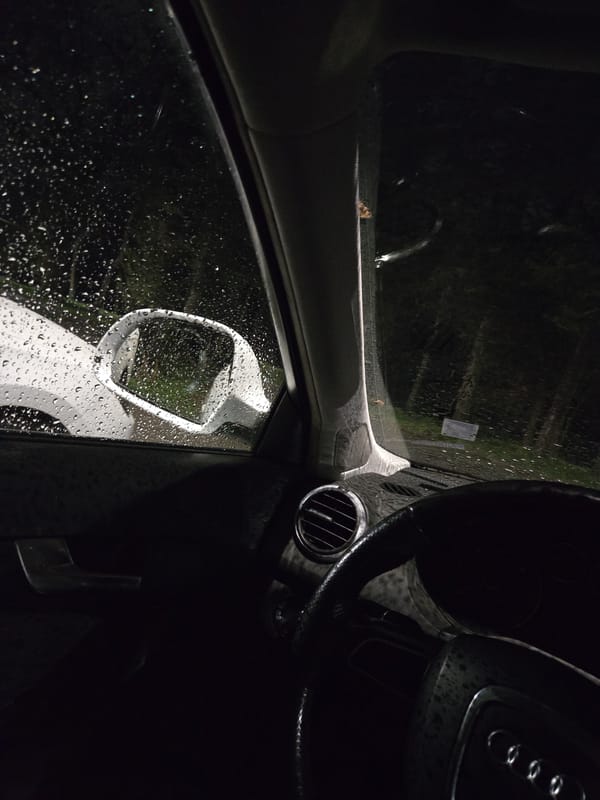 Driver's view during nighttime rainstorm in Pleven, Bulgaria