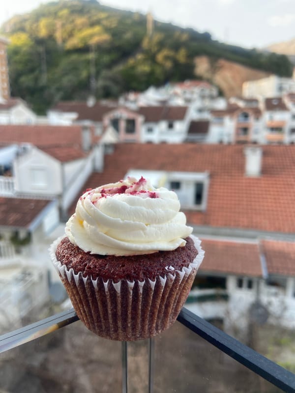 Afternoon coffee and cupcakes documented in Budva, Montenegro