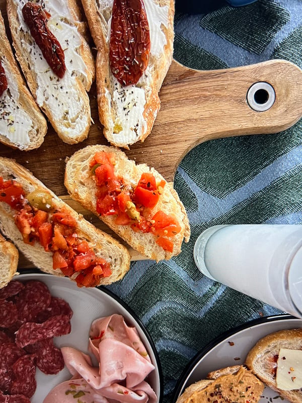 Sunday appetizer spread tagged for social media in Spain