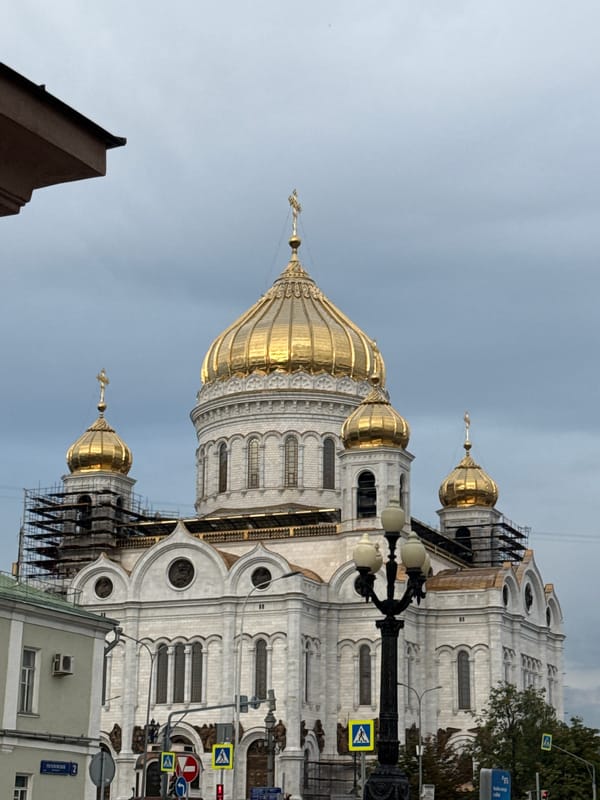 Moscow's Cathedral of Christ the Saviour under clouds, scaffolding up