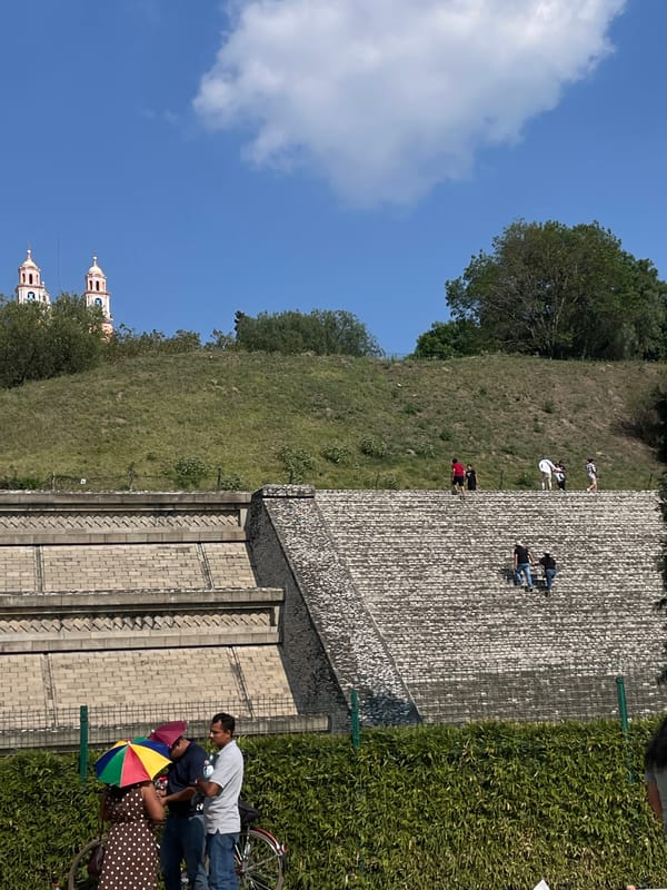 Cholula pyramid, market, and hillside church documented in Mexico