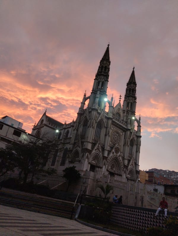 Gothic cathedral photographed at colorful dusk in Caracas