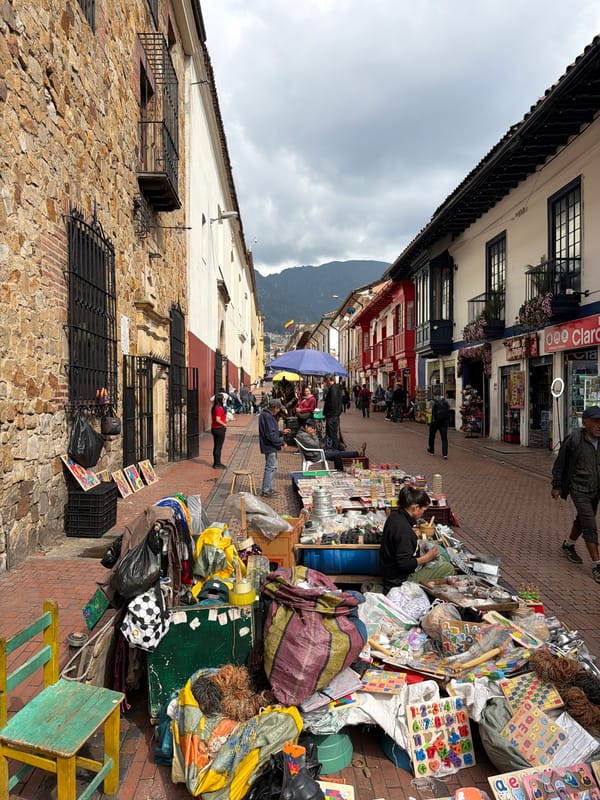 Evening dining and street market activity in Bogota