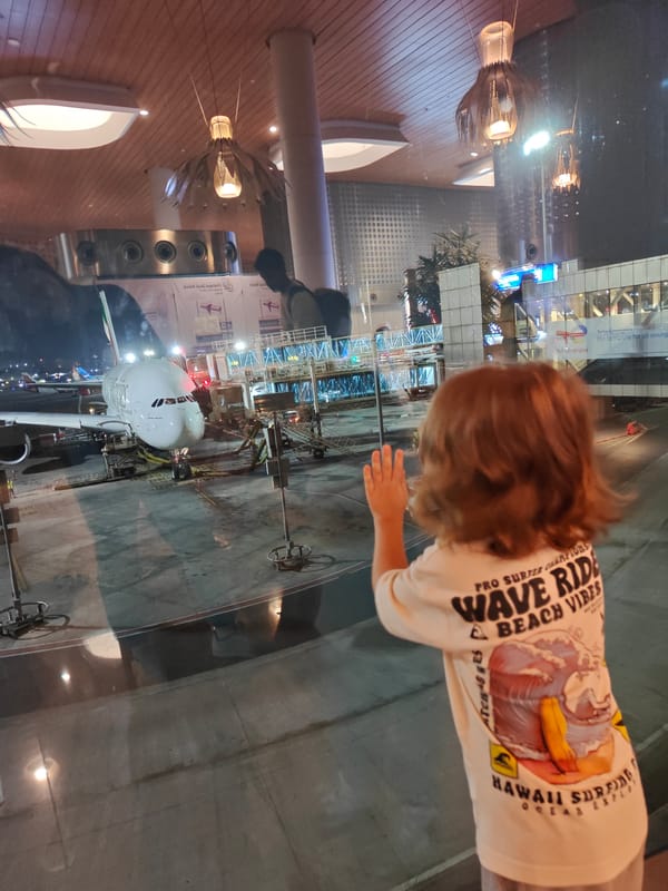 Child in surfing shirt gazes through Mumbai airport window
