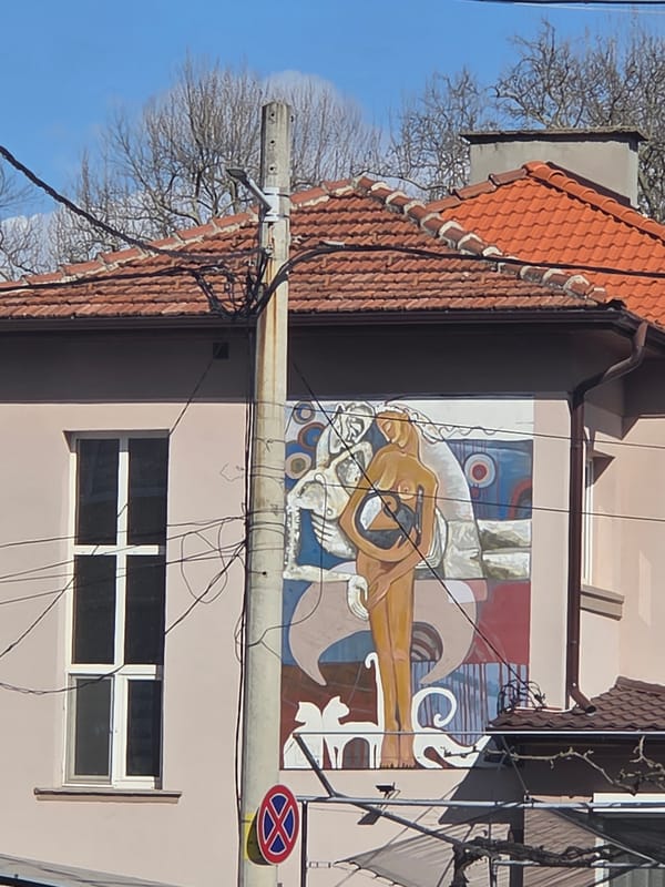 Building with exterior mural observed in Kyustendil, Bulgaria