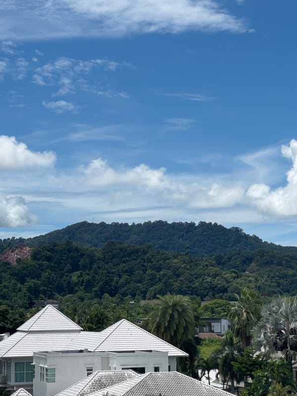 Quiet Kathu hillside neighborhood, jungle-backed rooftops and infrastructure