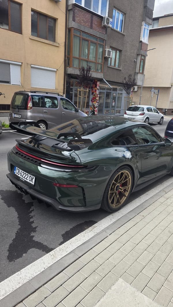 Morning documentation of green Porsche and street scenes in Blagoevgrad