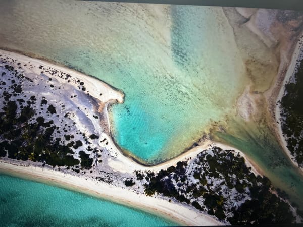 Aerial view of a tropical beach where sand meets turquoise water.