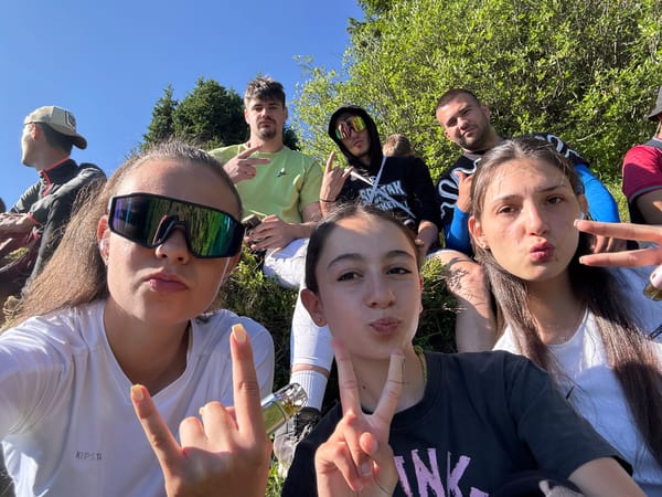 Group selfie in sunny outdoors near Bistritsa, Bulgaria