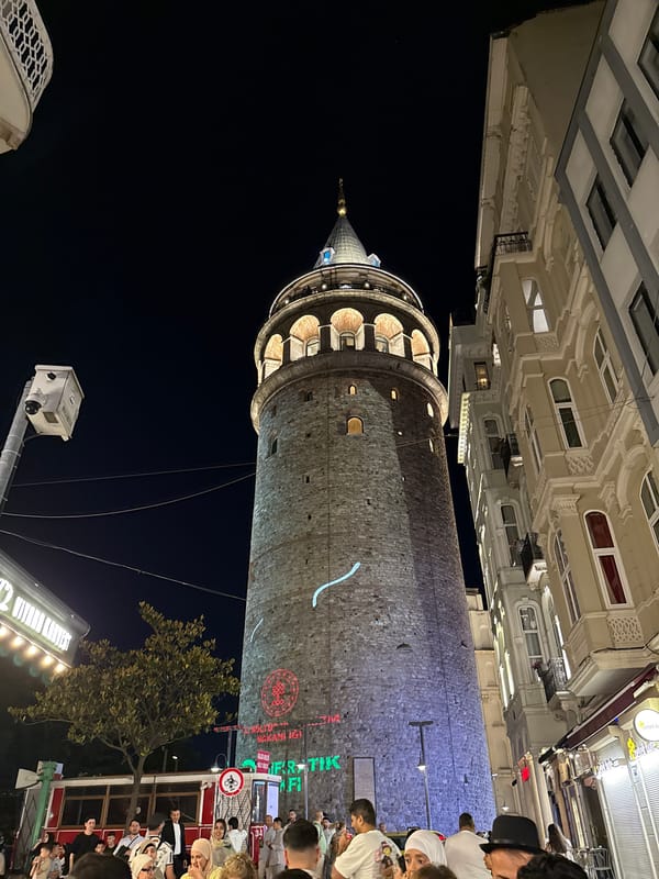 Galata Tower photographed illuminated at night in Beyoğlu